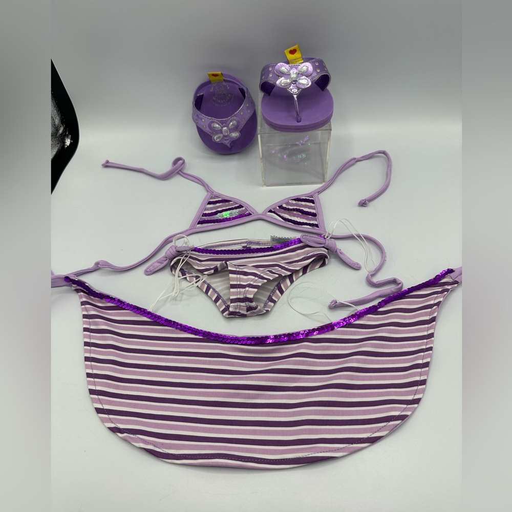 Build A Bear Purple Striped Sequin Swim Suit: Top, Bottom, Wrap And Flip Flops